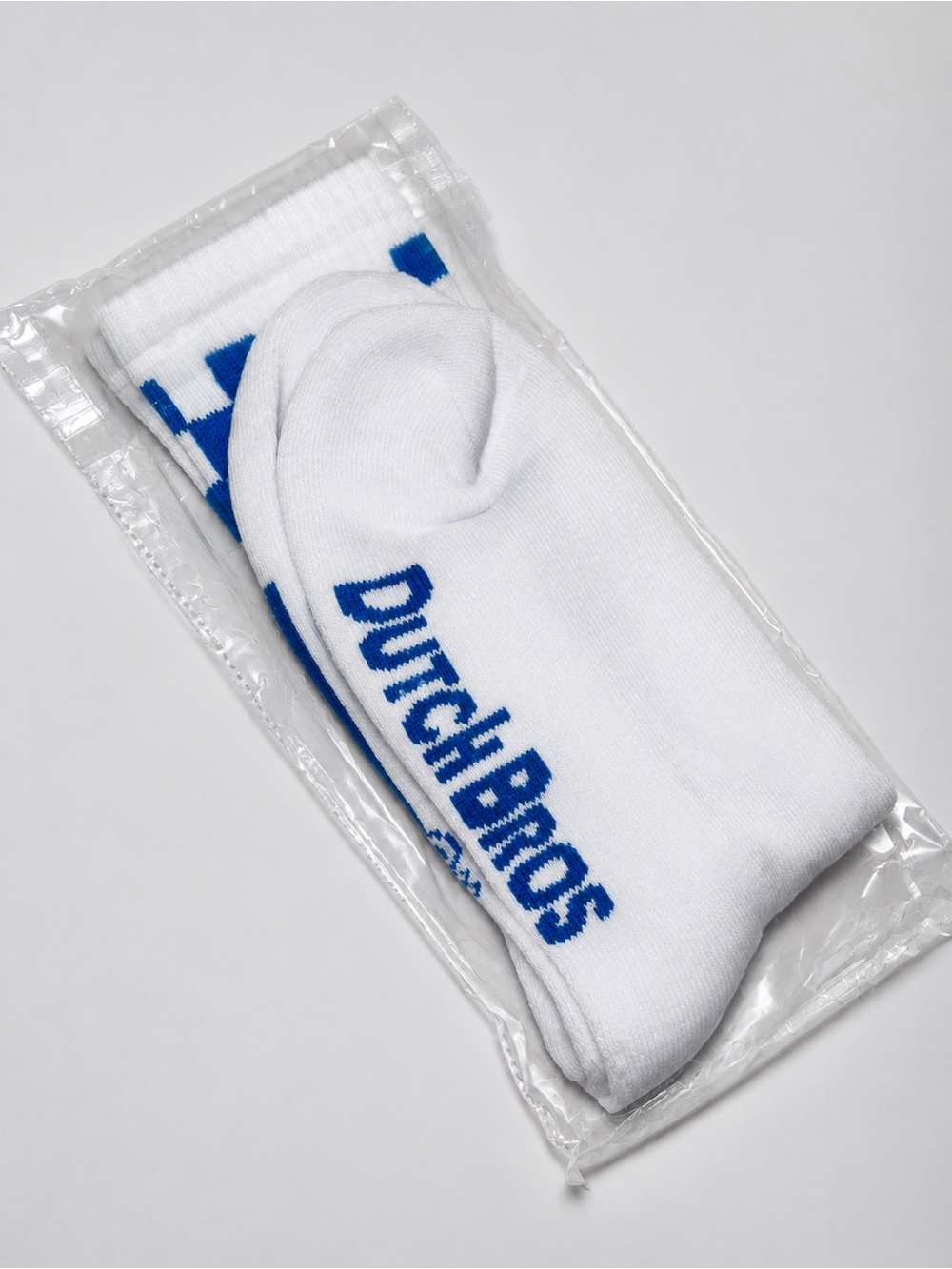 New in Pkg Dutch Bros White Crew Socks With Blue Logo & Checkered Design